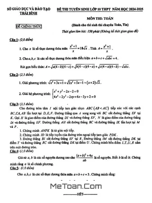 Đề thi tuyển sinh lớp 10 môn Toán (chuyên) năm 2024 - 2025 Sở GD&ĐT Thái Bình