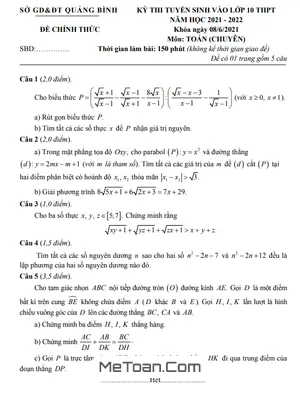 Đề thi tuyển sinh lớp 10 môn Toán (chuyên) năm 2021 - 2022 Sở GD&ĐT Quảng Bình