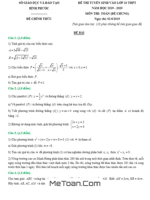 Đề thi tuyển sinh lớp 10 THPT môn Toán năm 2019 - 2020 sở GD&ĐT Bình Phước