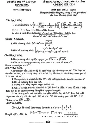 Đề thi chọn học sinh giỏi cấp tỉnh môn Toán THCS năm 2023 - 2024 sở GD&ĐT Thanh Hóa