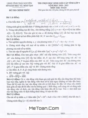 Đề thi chọn HSG tỉnh Toán 9 năm 2020 - 2021 Sở GD&ĐT Thái Nguyên