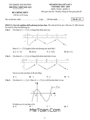 Đề giữa kỳ 1 Toán 12 năm 2024 - 2025 trường THPT Kẻ Sặt - Hải Dương