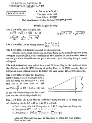 Đề Thi Cuối Kì 1 Toán 9 Năm 2024 - 2025 Trường THCS Nguyễn Văn Tố - TP HCM