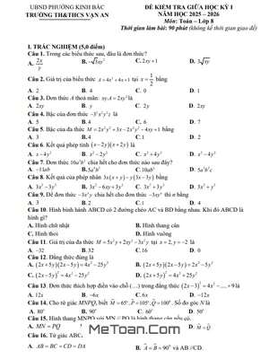 Đề Kiểm Tra Giữa Học Kỳ 1 Toán 8 Năm 2025 - 2026 Trường TH&THCS Vạn An, Bắc Ninh (Có Đáp Án)