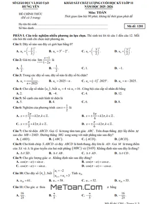 Đề Thi Toán Lớp 11 Học Kỳ 1 Năm 2025-2026 Sở GD&ĐT Hưng Yên Kèm Đáp Án Chi Tiết