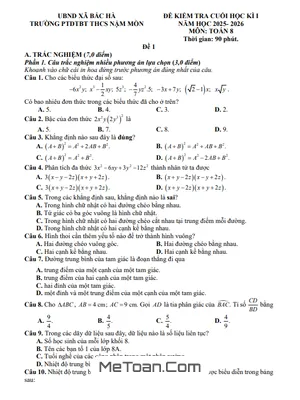 Đề thi học kì 1 Toán 8 năm 2025 - 2026 trường THCS Nậm Mòn - Lào Cai