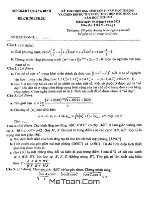 Đề thi chọn HSG tỉnh Toán 11 năm 2020 – 2021 sở GD&ĐT Quảng Bình (Vòng 1) có đáp án