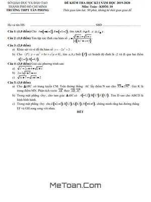 Đề thi HK1 Toán 10 năm 2019 - 2020 trường THPT Tân Phong - TP HCM