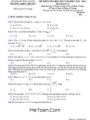 Đề thi học kỳ 1 Toán 12 năm 2018 - 2019 trường THPT chuyên Bắc Giang