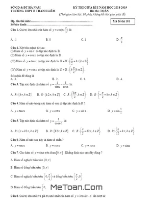Đề thi giữa kỳ 1 Toán 11 năm học 2018 - 2019 trường THPT B Thanh Liêm - Hà Nam