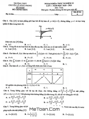 Đề Trắc Nghiệm Toán 12 Lần 1 Năm 2020 - 2021 Trường Chuyên Lê Hồng Phong - TP HCM