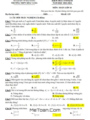 Đề Thi Cuối Kì 2 Toán 10 Năm 2023 - 2024 Trường THPT Hòa Vang - Đà Nẵng