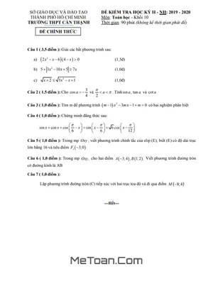 Đề thi học kì 2 môn Toán lớp 10 năm 2019 - 2020 trường THPT Cần Thạnh - TP.HCM (có lời giải)