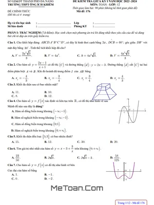 Đề Thi Giữa Kỳ 1 Toán 12 Năm 2023 - 2024 Trường THPT Ông Ích Khiêm - Đà Nẵng