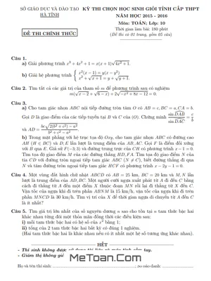 Đề thi chọn học sinh giỏi tỉnh Toán 10 năm 2015 - 2016 sở GD&ĐT Hà Tĩnh