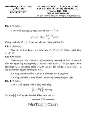Đề Chọn Đội Tuyển HSG Toán 12 THPT Năm 2020 - 2021 Sở GD&ĐT Quảng Trị