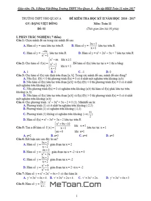 Trọn bộ 7 Đề ôn tập HK2 Toán 11 năm 2016-2017 - THPT Nho Quan A