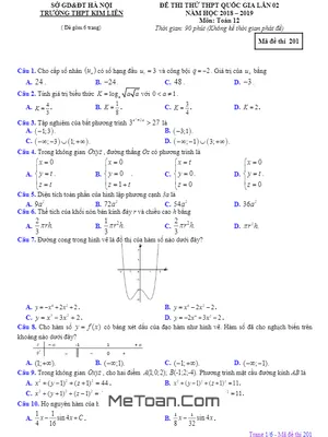 Đề thi thử Toán THPT Quốc gia 2019 lần 2 trường THPT Kim Liên – Hà Nội