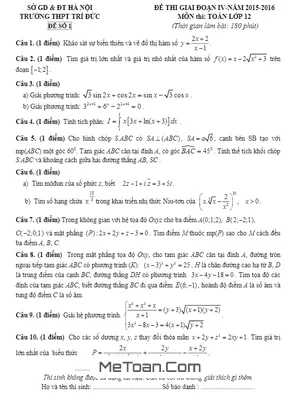 Trọn bộ 2 đề thi thử THPT Quốc gia 2016 môn Toán trường Trí Đức - Hà Nội