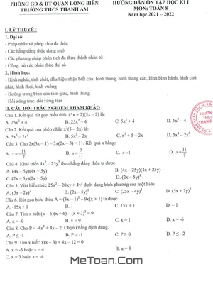 Hướng Dẫn Ôn Tập Học Kì 1 Toán 8 Năm 2021 - 2022 Trường THCS Thanh Am - Hà Nội