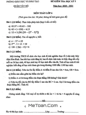 Đề thi học kì 1 Toán lớp 6 năm 2020 - 2021 phòng GD&ĐT Tây Hồ - Hà Nội