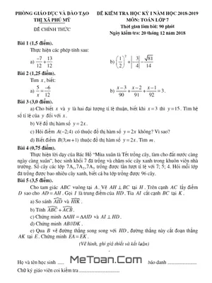 Đề thi HK1 Toán 7 năm 2018 - 2019 phòng GD&ĐT Thị Xã Phú Mỹ - Bà Rịa - Vũng Tàu