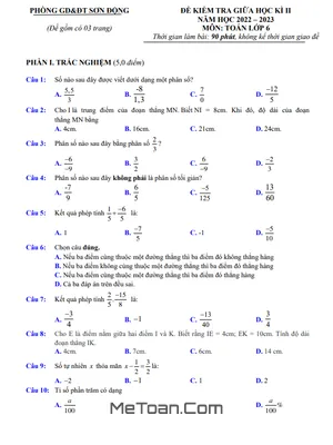 Đề thi giữa kì 2 Toán lớp 6 năm 2022 - 2023 phòng GD&ĐT Sơn Động - Bắc Giang