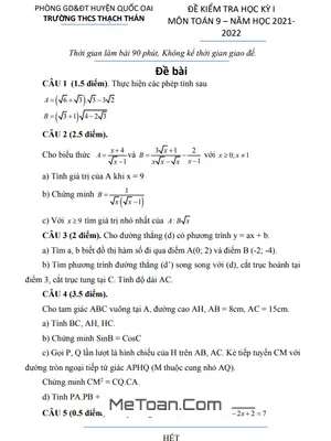 Đề thi học kỳ 1 Toán 9 năm 2021 - 2022 trường THCS Thạch Thán - Hà Nội