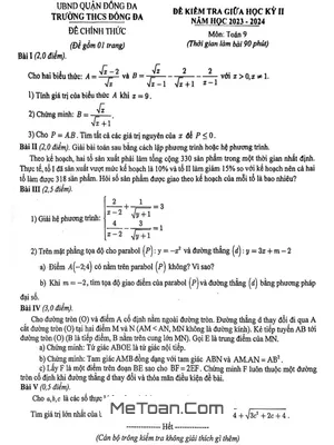 Đề giữa học kỳ 2 Toán 9 năm 2023 – 2024 trường THCS Đống Đa – Hà Nội