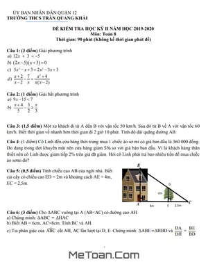 Đề thi học kỳ 2 Toán lớp 8 năm 2019 - 2020 trường THCS Trần Quang Khải - TP.HCM (có đáp án)