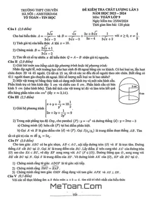 Đề kiểm tra lần 3 Toán 9 năm 2023 - 2024 trường chuyên Hà Nội – Amsterdam
