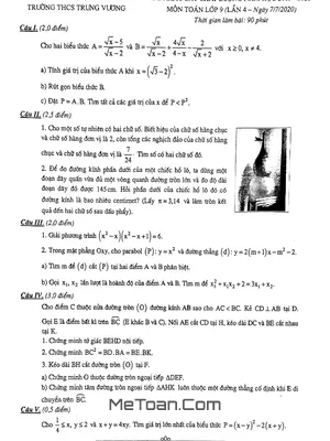 Đề khảo sát Toán 9 lần 4 năm 2019 – 2020 trường THCS Trưng Vương – Hà Nội