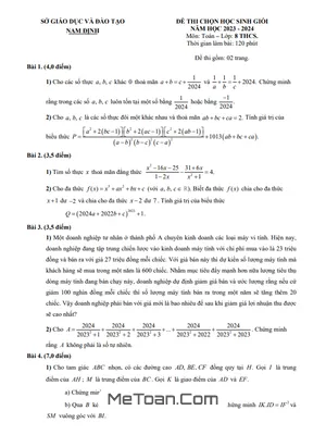 Đề thi chọn học sinh giỏi Toán 8 năm 2023 - 2024 sở GD&ĐT Nam Định