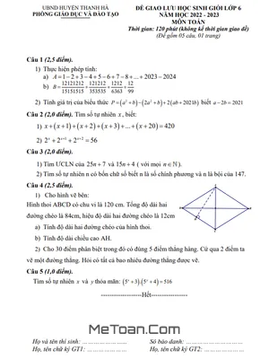 Đề Giao Lưu HSG Toán 6 Năm 2022 - 2023 Phòng GD&ĐT Thanh Hà - Hải Dương