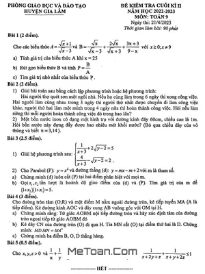 Đề thi Toán 9 cuối kì 2 năm 2022-2023 phòng GD&ĐT Gia Lâm - Hà Nội