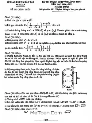 Đề thi tuyển sinh lớp 10 môn Toán Nghệ An năm 2024 - 2025