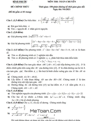 Đề Thi Tuyển Sinh Lớp 10 Môn Toán Chuyên Sở GD&ĐT Bình Phước Năm 2021 - 2022