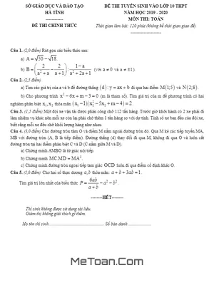 Đề thi tuyển sinh lớp 10 THPT môn Toán năm 2019 - 2020 sở GD&ĐT Hà Tĩnh