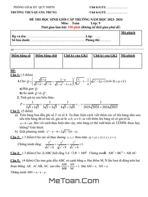 Đề thi học sinh giỏi Toán 9 năm 2023 - 2024 trường THCS Quang Trung - Bình Định