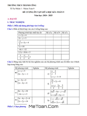 Ôn Tập Giữa Học Kì 1 Toán 9 Năm 2024 - 2025 Trường THCS Thành Công – Hà Nội