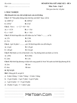 Đề Kiểm Tra Giữa Học Kì 2 Môn Toán Lớp 5 - Đề 4