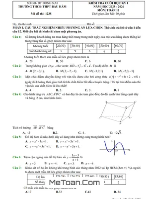 Đề thi học kỳ 1 Toán 12 năm 2025 - 2026 trường THCS-THPT Bàu Hàm - Đồng Nai