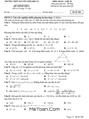Đề Cuối Kỳ 1 Toán 10 Năm 2025 – 2026 Trường THPT Nguyễn Trãi – Đà Nẵng