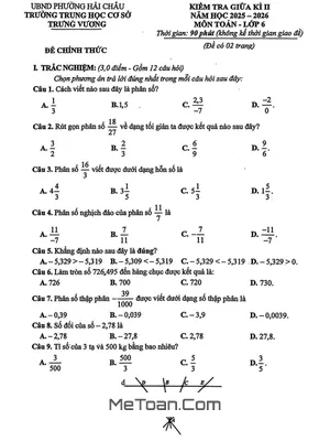 Đề giữa kì 2 Toán 6 năm 2025 – 2026 trường THCS Trưng Vương – Đà Nẵng