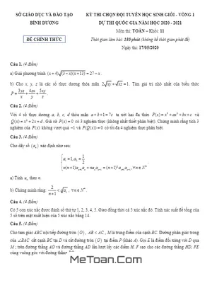 Đề thi chọn HSG Toán 11 vòng 1 năm học 2020 - 2021 sở GD&ĐT Bình Dương
