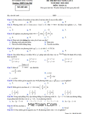 Đề Rèn Kỹ Năng Làm Bài Toán 11 Lần 1 Năm 2022 - 2023 THPT Yên Thế - Bắc Giang