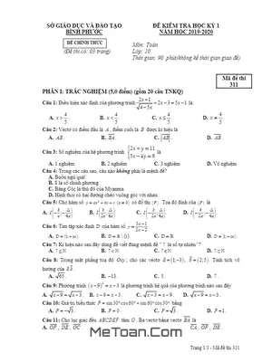 Đề thi HK1 Toán 10 năm học 2019 – 2020 sở GD&ĐT Bình Phước