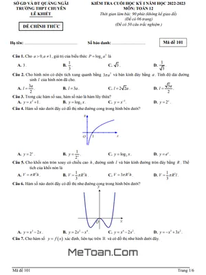 Đề Thi Cuối Kỳ 1 Toán 12 Năm 2022 - 2023 Trường Chuyên Lê Khiết - Quảng Ngãi