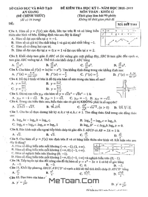 Đề thi học kỳ 1 Toán 12 năm học 2018 - 2019 sở GD&ĐT An Giang