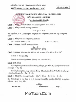 Đề thi Giữa Kì 2 Toán 10 năm 2020 - 2021 trường Năng khiếu TDTT Bình Chánh - TP HCM